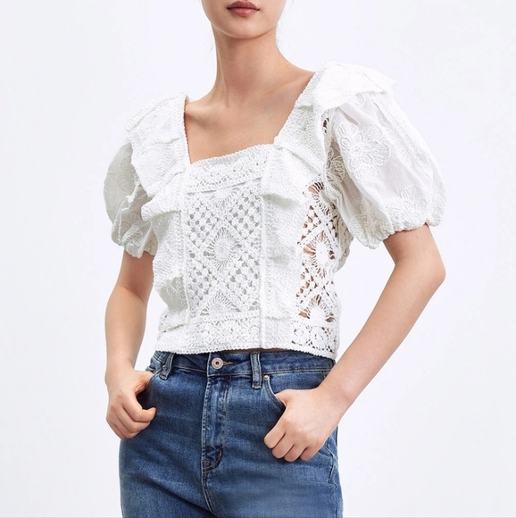 NEW Puff Sleeve Square Collar Cotton Knitted T-Shirt - Picture 2 of 3